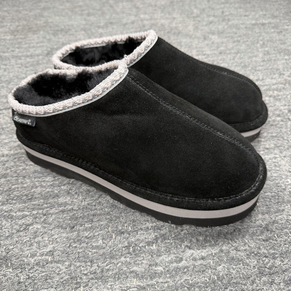 BEARPAW Lucille Clogs Women 9 Black Water Stain Repellent Suede Mules Sherpa